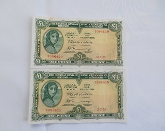 Two Lady Lavery One Pound Notes, May 1974, with Consecutive Numbers