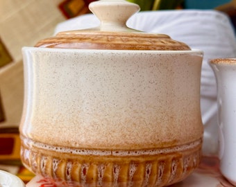 Vintage Cream & Coffee Brown Ceramic Pot/Sugar Dish