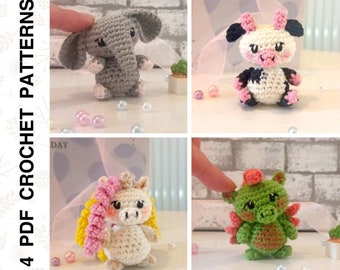 Crochet PATTERNS Animals Cute Mini Amigurumi Cow, Dragon, Elephant, Unicorn • PDF in English by Dutor