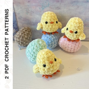 May include: Two crochet patterns for making a yellow chick sitting on an egg. The chicks are made with fuzzy yarn and have black eyes and orange beaks. The eggs are crocheted in blue, pink, and green.