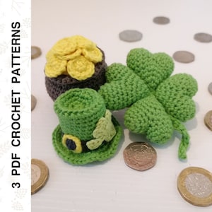 Crochet PATTERNS St Patricks Day: Leprechaun Hat, Pot of Gold, Four Leaf Clover Amigurumi Good Luck Charm Decor • PDF in English by Dutor