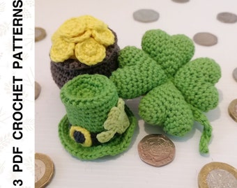 Crochet PATTERNS St Patricks Day: Leprechaun Hat, Pot of Gold, Four Leaf Clover Amigurumi Good Luck Charm Decor • PDF in English by Dutor