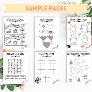 May include: A set of printable wedding game pages with black and white illustrations. The games include spot the difference, heart origami, draw funny faces, word search, tic-tac-toe, and help the groom find his bride.