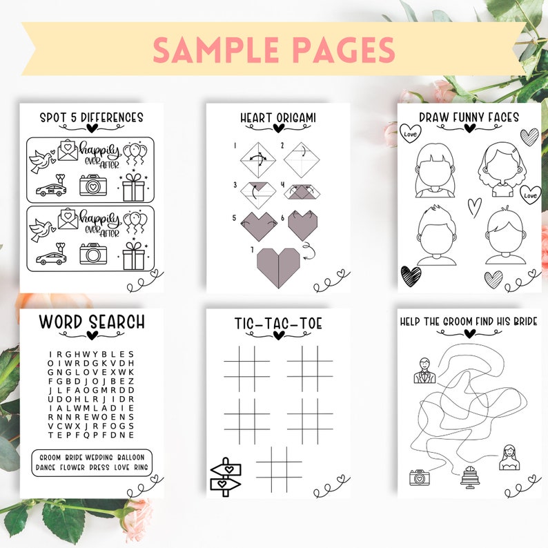 May include: A set of printable wedding game pages with black and white illustrations. The games include spot the difference, heart origami, draw funny faces, word search, tic-tac-toe, and help the groom find his bride.