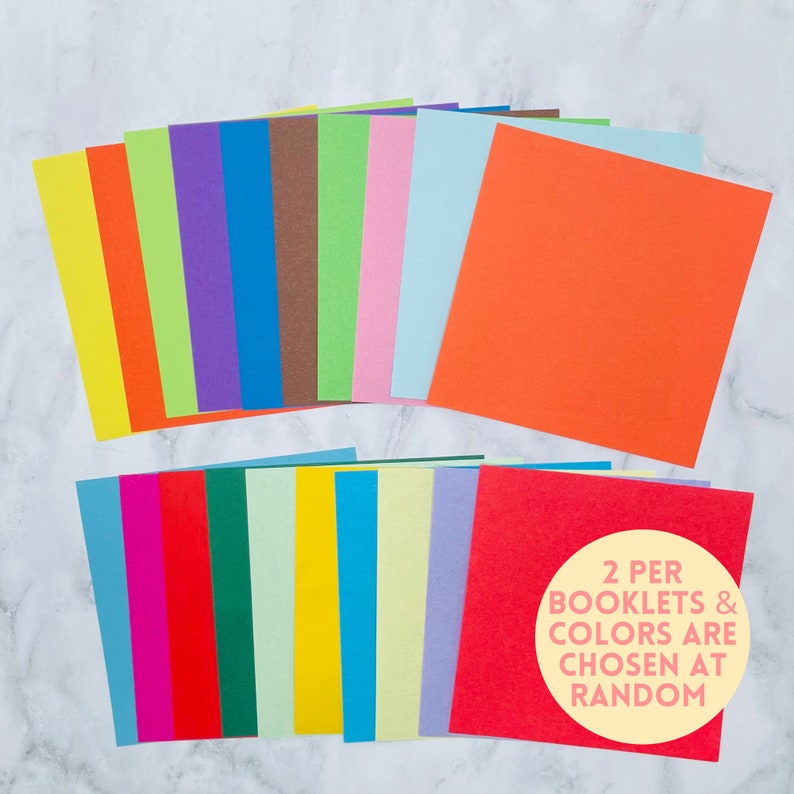 May include: Two stacks of colorful paper squares. Each stack has 14 squares in various colors, including red, blue, green, yellow, orange, purple, pink, and brown. The text "2 PER BOOKLETS & COLORS ARE CHOSEN AT RANDOM" is on a yellow circle in the bottom right corner of the image.