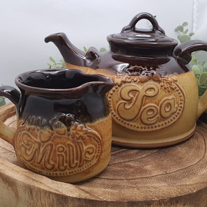 May include: A brown and cream ceramic tea set with a teapot and creamer. The teapot has the word "Tea" written on it and the creamer has the word "Milk" written on it.