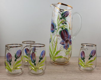 Beautifully detailed 6pc. set. Hand-blown glass pitcher/jug and 5 tumblers. Lemonade set with hand-painted flowers with golden vines/accents