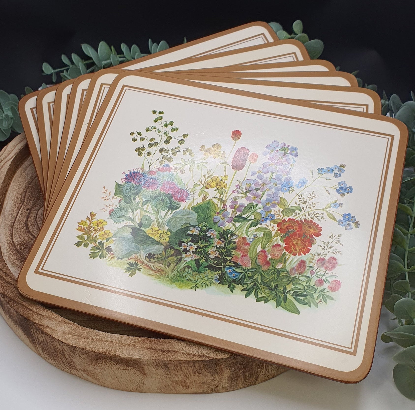 Set of Six Vintage Pimpernel Floral, English Garden/meadow Flowers Placemats/trivets With Cork
