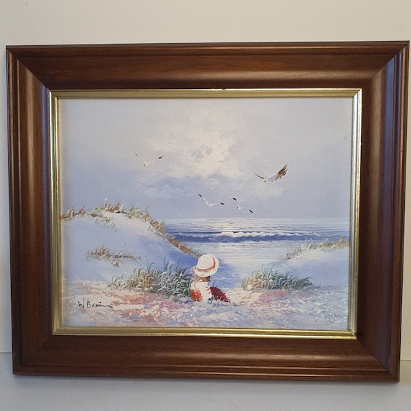 A vintage original oil painting on canvas signed W Brian. A little girl at the seaside, sand dunes, grass, cloudy, seagulls and the ocean.