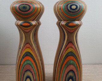 Vintage Mr Dudley Salt & Pepper grinders in multicoloured, rainbow wood, gold tops