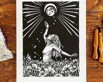 Moonlight Magick | Original Linocut Relief Print of Woman Dancing Under Full Moon