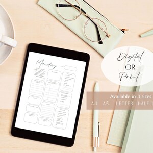 May include: A digital or printable daily planner with a minimalist design. The planner is titled "Monday" and includes sections for tasks, priorities, and notes. The planner is available in four sizes: A4, A5, Letter, and Half Letter.