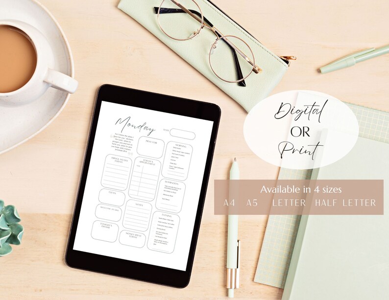 May include: A digital or printable daily planner with a minimalist design. The planner is titled "Monday" and includes sections for tasks, priorities, and notes. The planner is available in four sizes: A4, A5, Letter, and Half Letter.