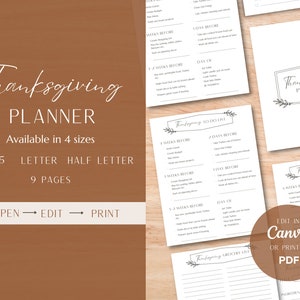 May include: A printable Thanksgiving planner with a brown background and white text. The planner is available in four sizes: A4, A5, Letter, and Half Letter. It includes nine pages and can be edited and printed. The text on the planner says "Thanksgiving Planner" and "Available in 4 sizes".
