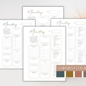 May include: Four printable Monday planner pages with a gold floral design. Each page includes sections for prayer, appointments, things to do today, notes, morning, afternoon, and evening. The pages are available in four different colors: teal, brown, pink, and gray.