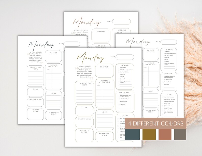 May include: Four printable Monday planner pages with a gold floral design. Each page includes sections for prayer, appointments, things to do today, notes, morning, afternoon, and evening. The pages are available in four different colors: teal, brown, pink, and gray.