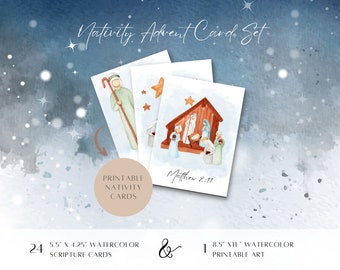水彩画の降誕アドベントカード：家族で楽しめる聖書アート（デジタルダウンロード）