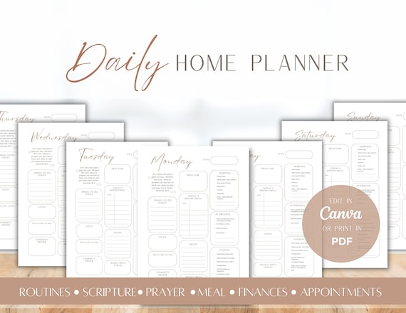 Christian Daily Home Planner for Moms: Editable Canva Template (Digital Planner)