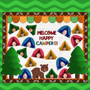 Happy Campers Bulletin Board | Back to School Bulletin Board Kit  | Custom Words | Printable | Classroom Décor | Door Kit | Camping Décor