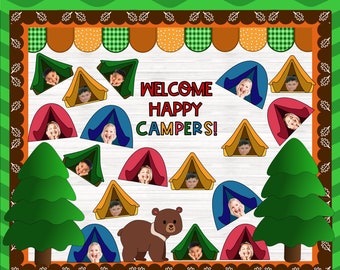 Happy Campers Bulletin Board | Back to School Bulletin Board Kit  | Custom Words | Printable | Classroom Décor | Door Kit | Camping Décor