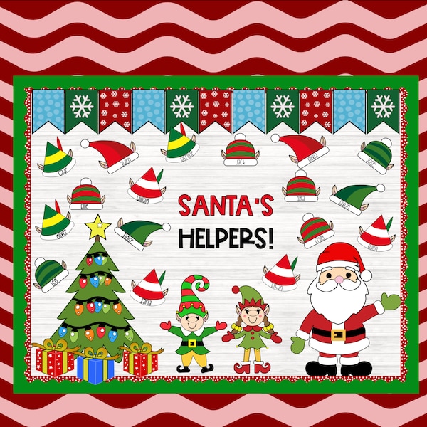 Christmas Décor', Santa, Elves, Christmas Bulletin Board Kit, Holidays, Elf, Winter, Editable Elf Hats, December Bulletin Boards Printable