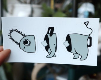 May include: Three stickers featuring a cartoon character with a chainsaw, a vacuum cleaner, and a hairdryer. The character is light blue with black eyes and a black mouth. The stickers are on a white background.