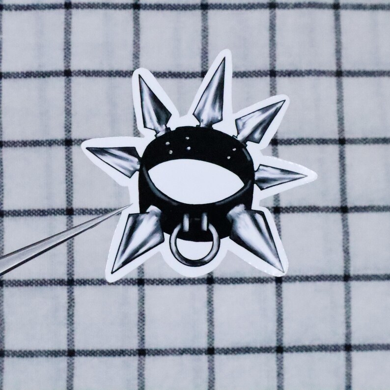 May include: A black leather choker with silver spikes. The choker has a silver ring in the centre.