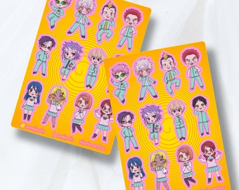 May include: Two sheets of stickers featuring cartoon characters in various poses. The characters are all wearing light blue and white outfits and have pink accents. The stickers are on a yellow background with a swirling pattern. The text "pompurin" is visible on the bottom of each sheet.