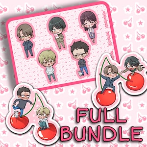 Puede incluir: Un conjunto de diez pegatinas ilustradas con personajes de estilo anime. Las pegatinas están impresas sobre un fondo blanco con un patrón de flores de cerezo rosas. Las pegatinas representan personajes con diferentes peinados y ropa. Las pegatinas están dispuestas en círculo alrededor del texto "FULL BUNDLE".