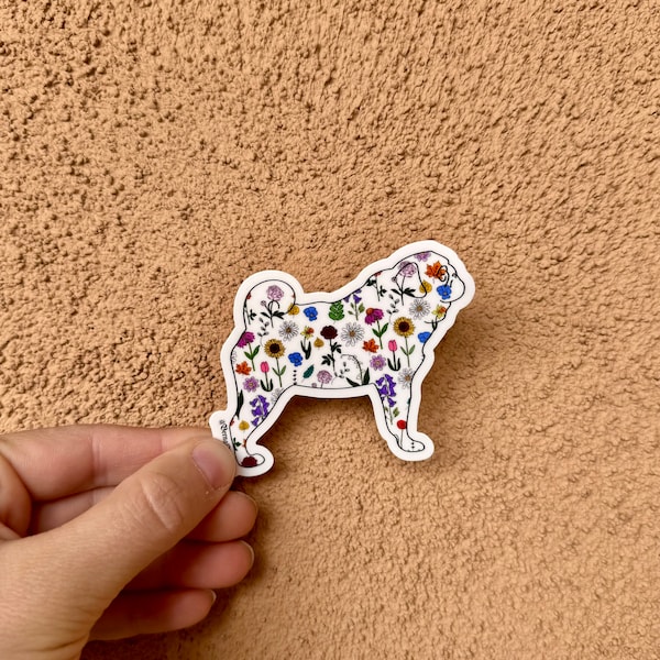 Pug sticker, pug lover, pug flower, pug dog sticker