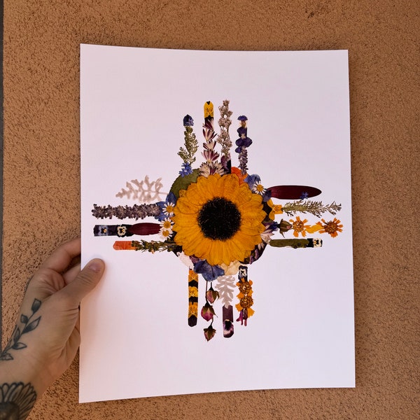 Zia print, New Mexico print, New Mexico art, giclee print, flower print, floral print, pressed flower art, southwest