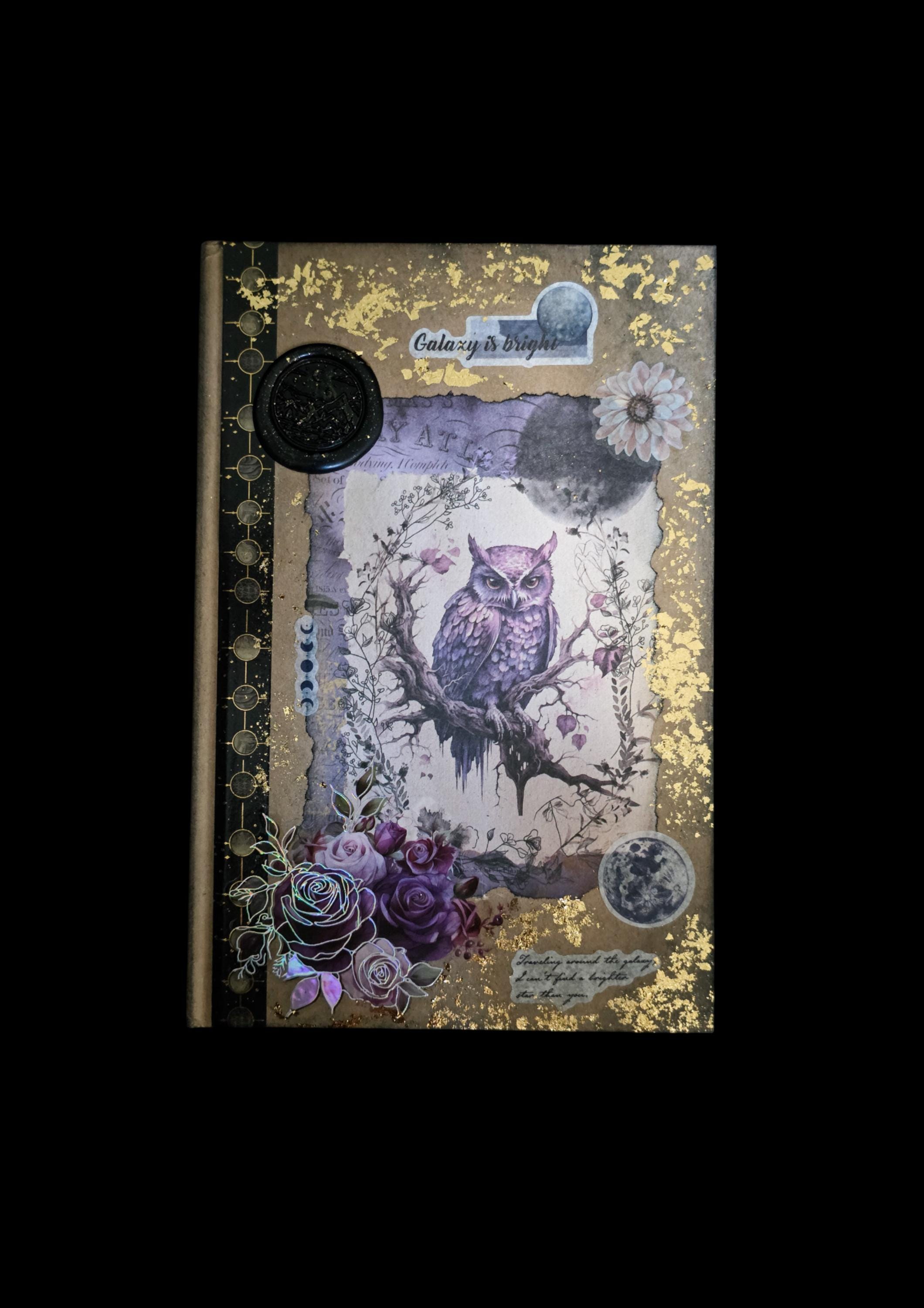 Celestial Owl Journal | Vintage Moon Phase Notebook | Gold Foil Sketchbook | Witchy Writing Journal 