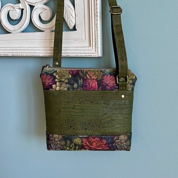 Cork Purse - Crossbody Bag - Floral Cork Handbag-  Succulents