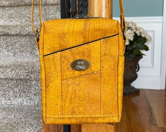 Cork Purse with integrated wallet- Crossbody Bag  - Mustard Yellow with Daisy Interior  - Sustainable Fashion