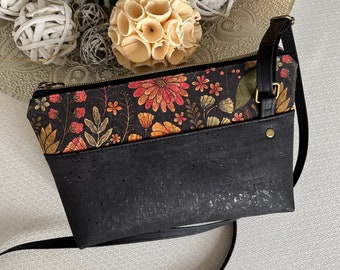 Kurk portemonnee - verstelbare crossbody - zwart en bloemenkurk - duurzame mode