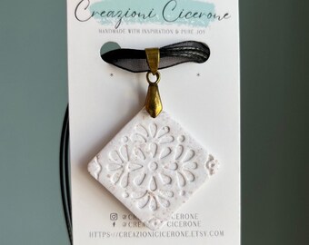 Floral Tile Pendant - Clay Pendant - Floral Necklace