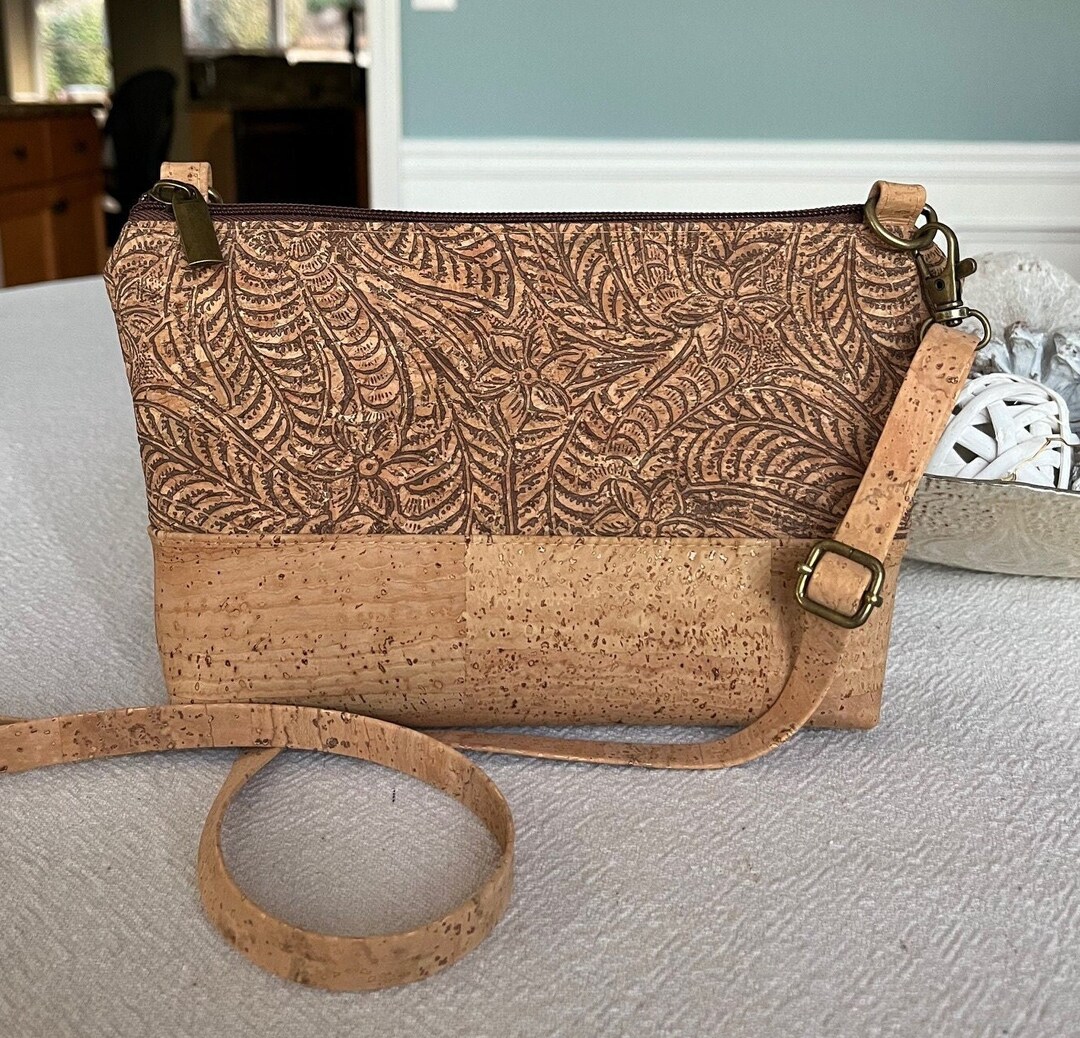 Cork Crossbody Purse Natural With Embossed Floral Pattern Sustainable Fashion Etsy