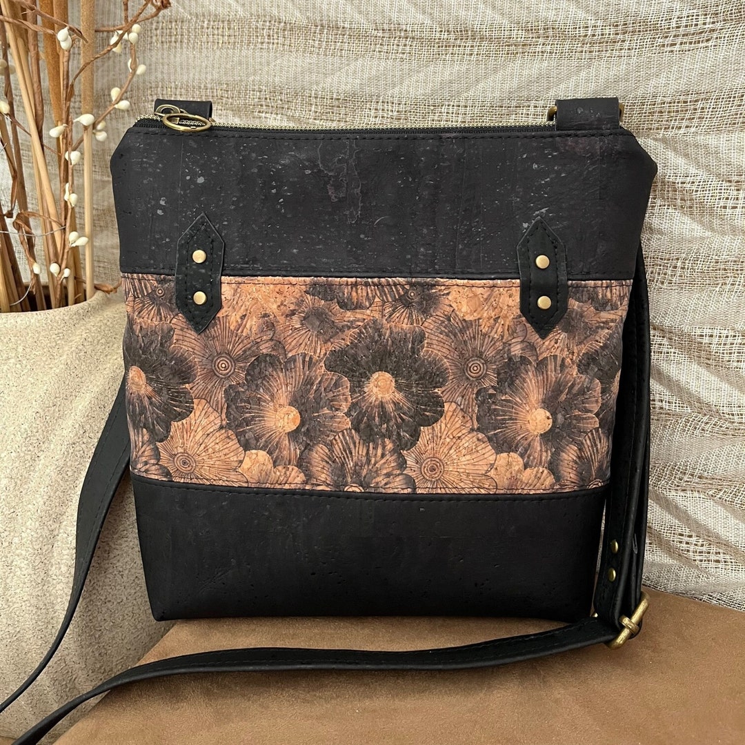 Cork Crossbody Purse Black With Floral Print Sustainable Etsy