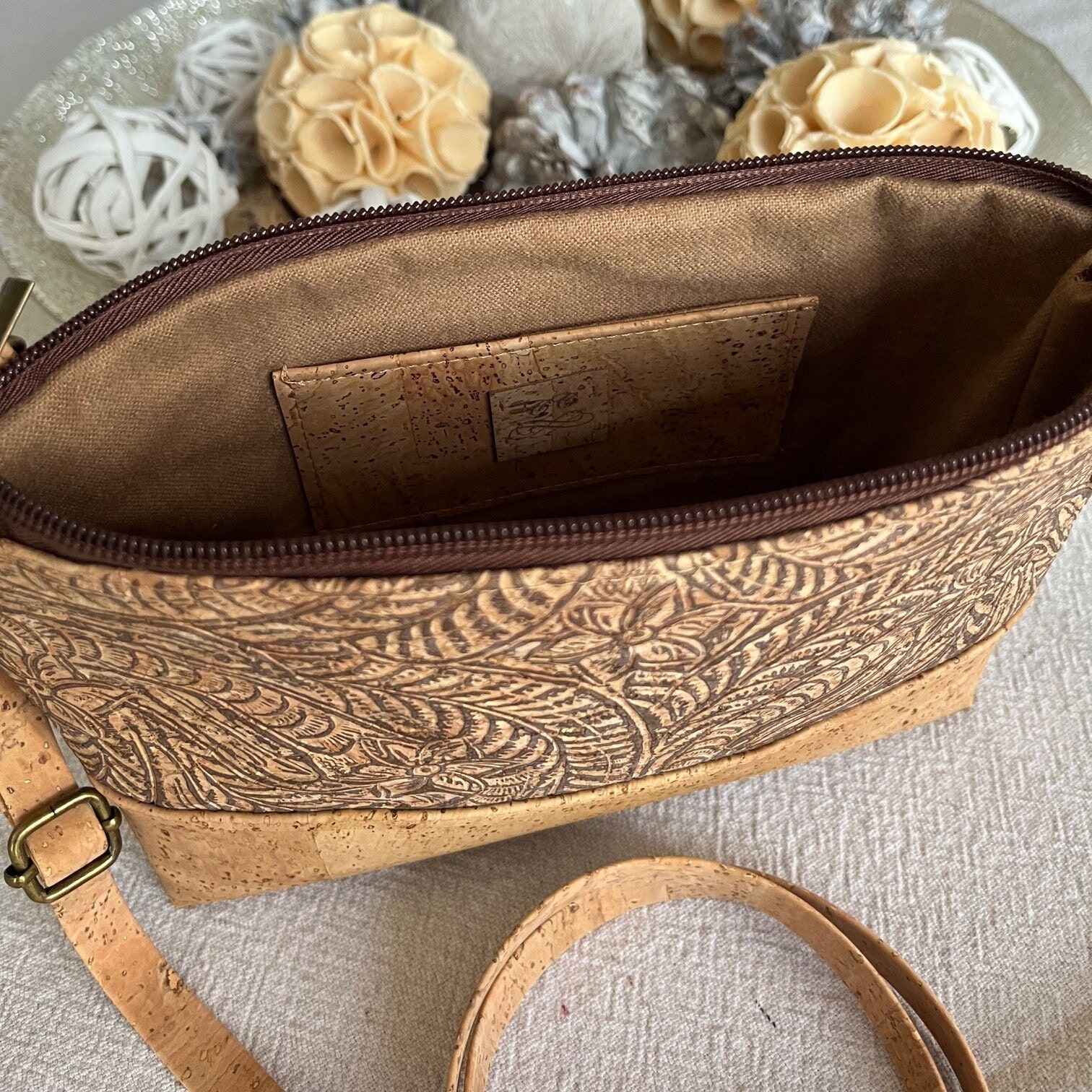 Cork Crossbody Purse Natural With Embossed Floral Pattern Sustainable Fashion Etsy