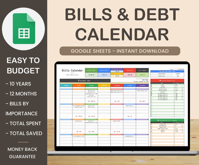 Bills Calendar Spreadsheet Google Sheets, Debt Bill Payment Tracker