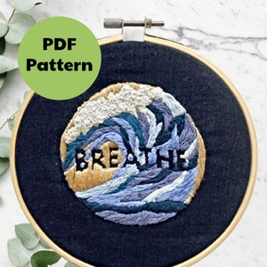 Embroidery Pattern, Breathe, Ocean Waves, Line Drawing