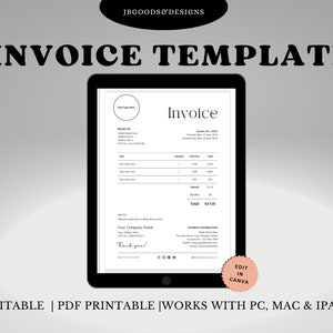 Może przedstawiać: Szablon faktury w kolorze czarno-białym wyświetlany na ekranie tabletu. Szablon jest edytowalny i nadaje się do druku. Jest kompatybilny z komputerami PC, Mac i iPadem. Tekst "EDIT IN CANVA" jest wyświetlany na pomarańczowym kole.