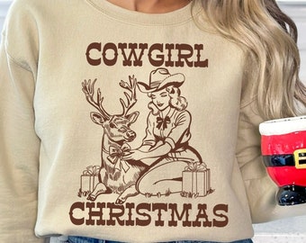 Retro Cowgirl Christmas PNG Sublimation Digital Download, Pretty Vintage Cowgirl Reindeer Design, Retro Vintage Country Christmas Clip Art