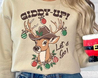 Retro Cowboy Reindeer PNG Sublimation Digital Download, Giddy-Up Let's Go, Western Reindeer, Vintage Country Christmas, Santa's Reindeer