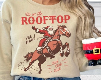 Vintage Cowboy Santa on Bucking Horse PNG Sublimation Digital Download, Up On The Roof Top