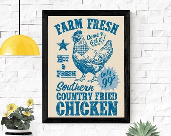 Farmhouse Chicken Wall Art PDF, Printable Kitchen Decor, Vintage Cottage Core Poster, Southern Fried Chicken