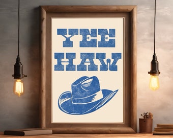 Yeehaw Blue Cowboy Hat Wall Art PDF, Printable Western Décor, Retro Cowboy Poster, Country Aesthetic, Kids Room, Nursery, Baby Shower Gift