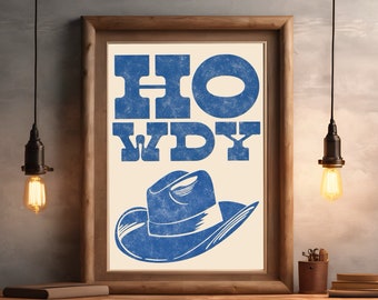 Howdy Blue Cowboy Hat Wall Art PDF, Printable Western Décor, Retro Cowboy Poster, Country Aesthetic, Kids Room, Nursery, Baby Shower Gift