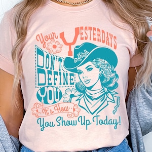 Download digitale di sublimazione PNG di Retro Western Cowgirl, frase positiva, citazione ispiratrice e motivazionale sul rimpianto non ti definisce