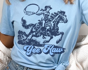 Retro Cowgirl PNG Sublimation Digital Download, Yee Haw, Cowgirl Riding Horse, Country Western Blue Boho Vintage Design for Western Shirt